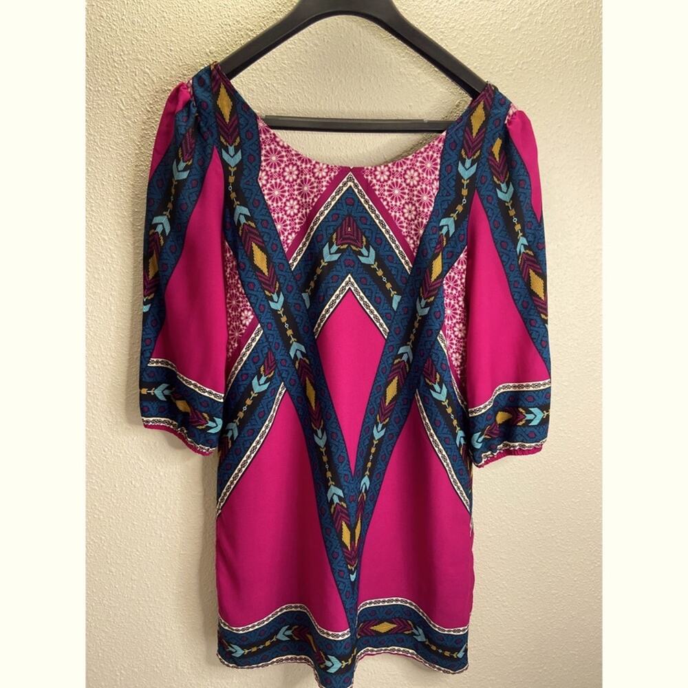 Pink Owl Women Fuchsia Abstract Print Boat Neck Three Quarter Sleeve Dress Sz M